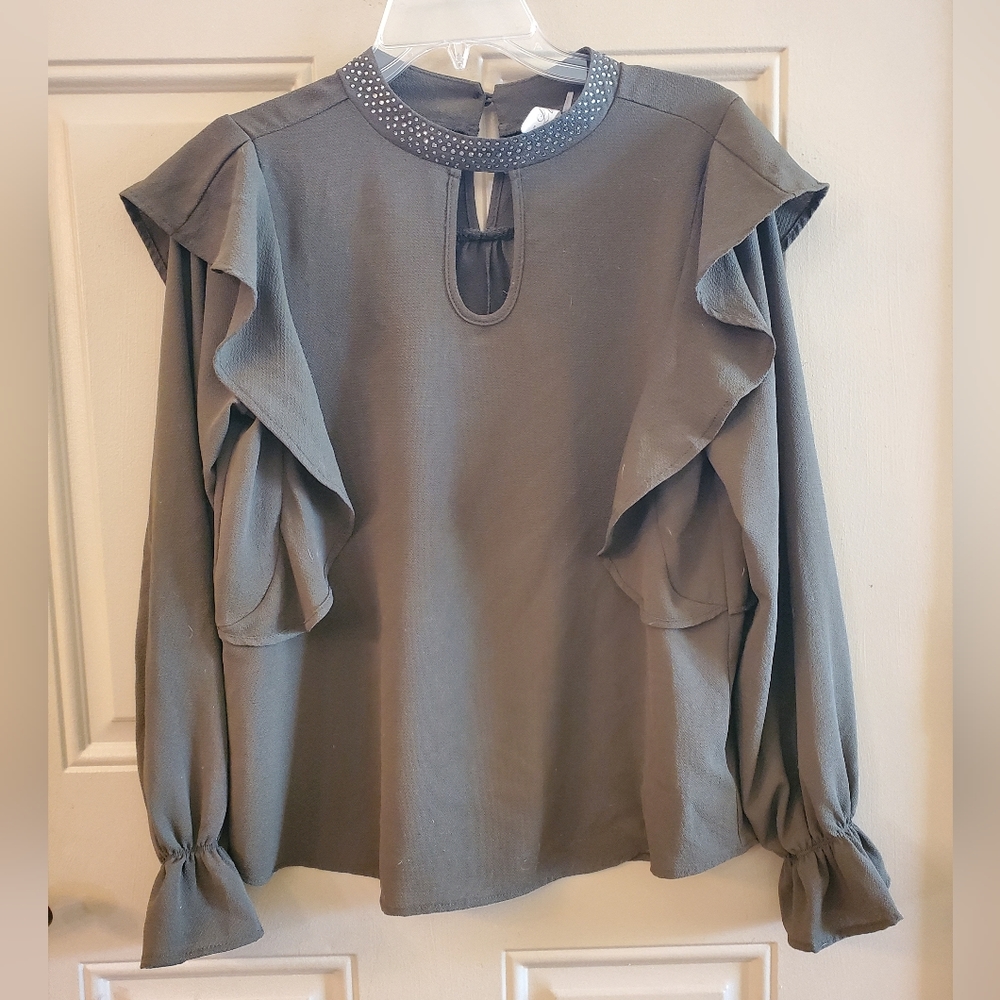 NEW L Love Green Long Sleeve Blouse With Rhinestone Detail and Flutter Sleeves